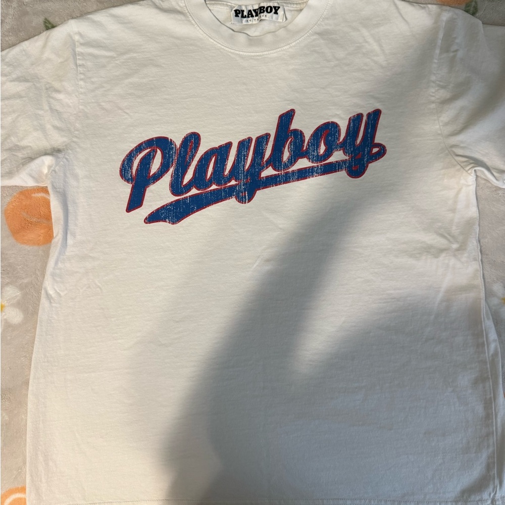 PLAYBOY White Blue Varsity Logo Short Sleeve Tee
